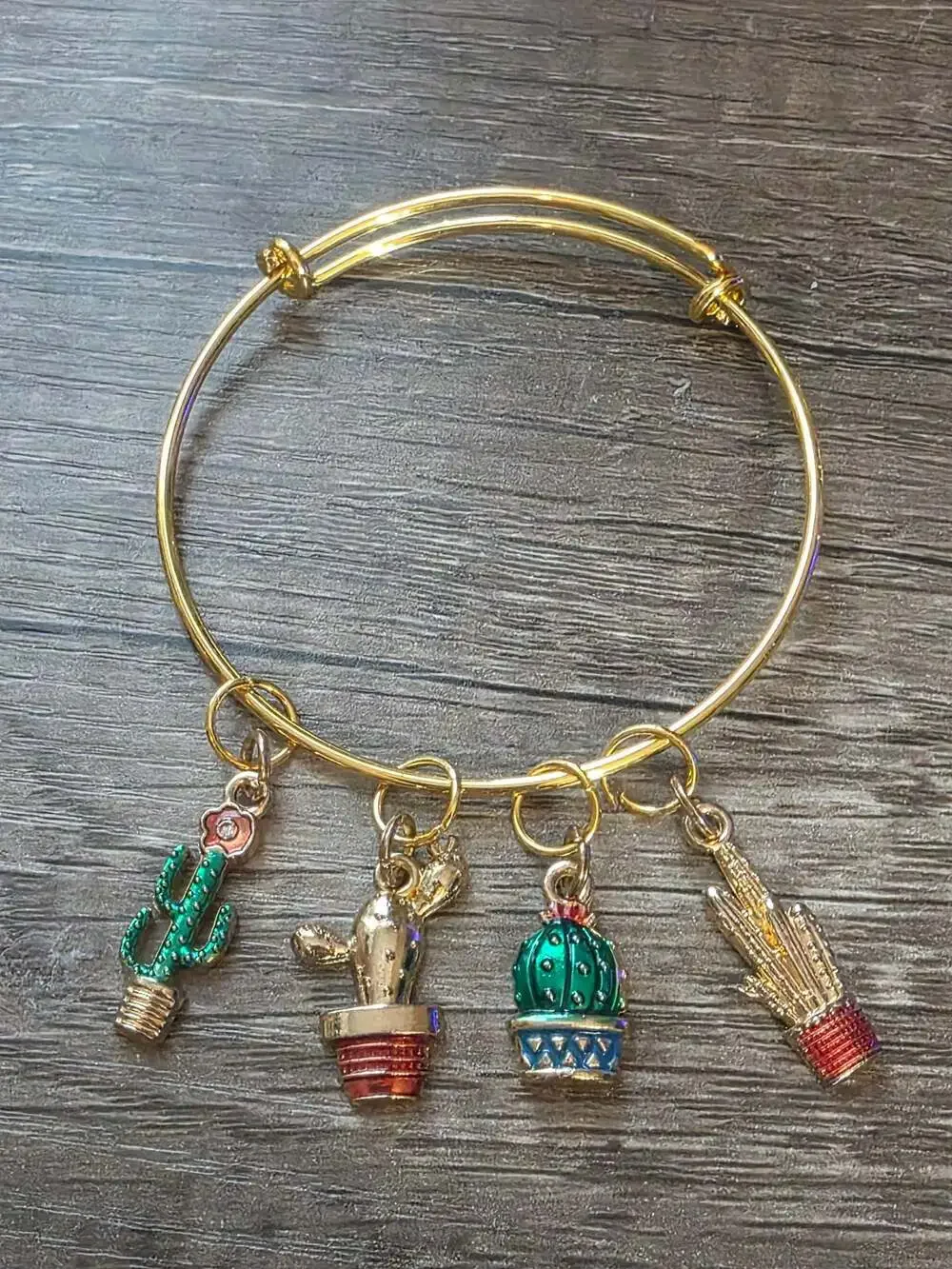 Gold-Tone Expandable Bangle Bracelet with Four Cactus Charms